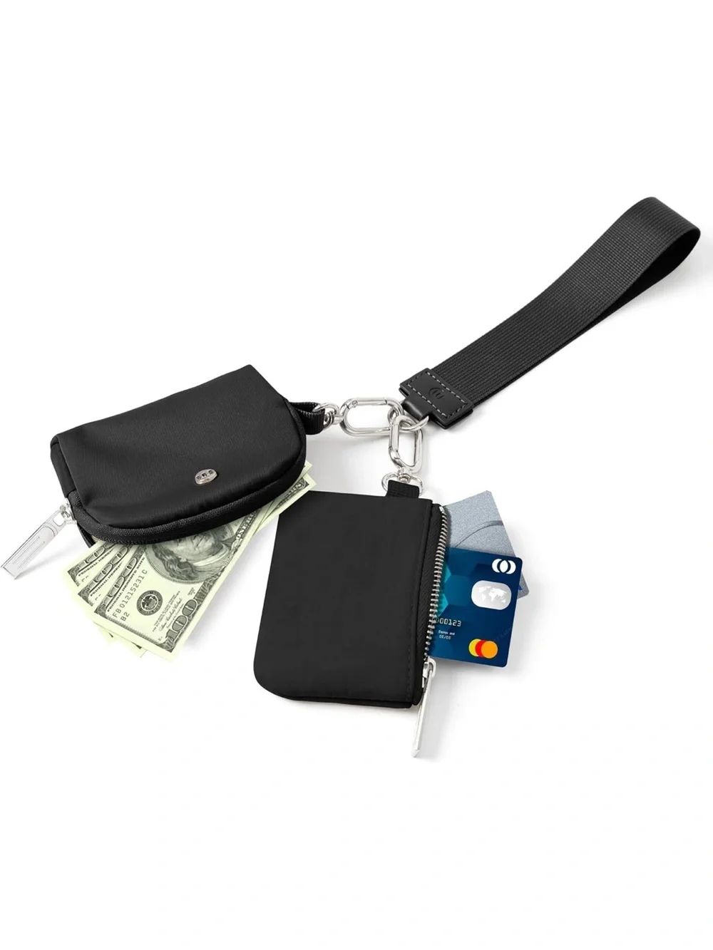 Dual Pouch Wristlet Keychain Purse Small Wallet detachable Silver Hardware Mini